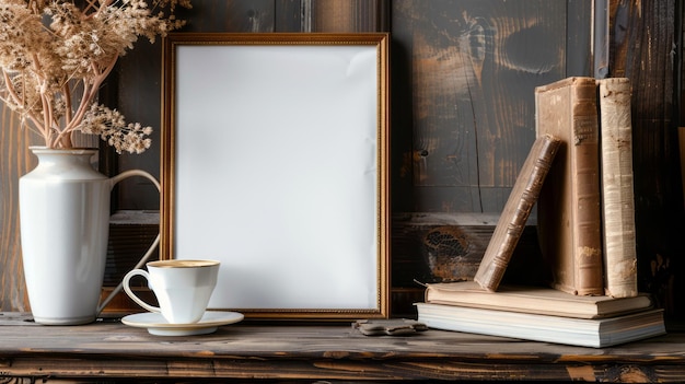 Vintage setting with a blank frame old books coffee cup and dried flowers on a rustic wooden table