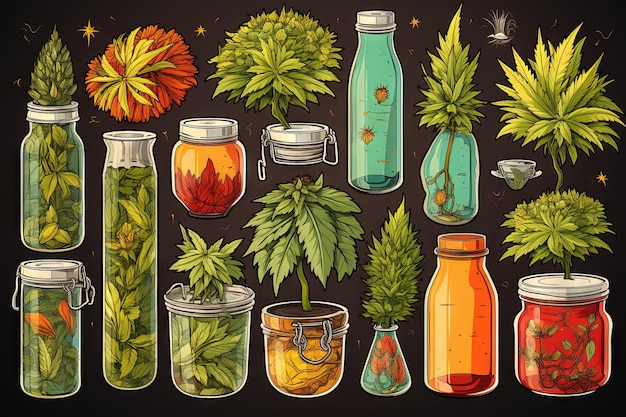 Vintage seventies style Cannabis industry set sticker colorful with marijuana petals and bong or cigarettes for medical and relaxation purposes illustration generative ai