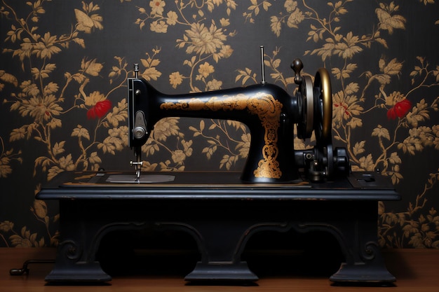 Vintage sewing machine on the background of a damask wallpaper