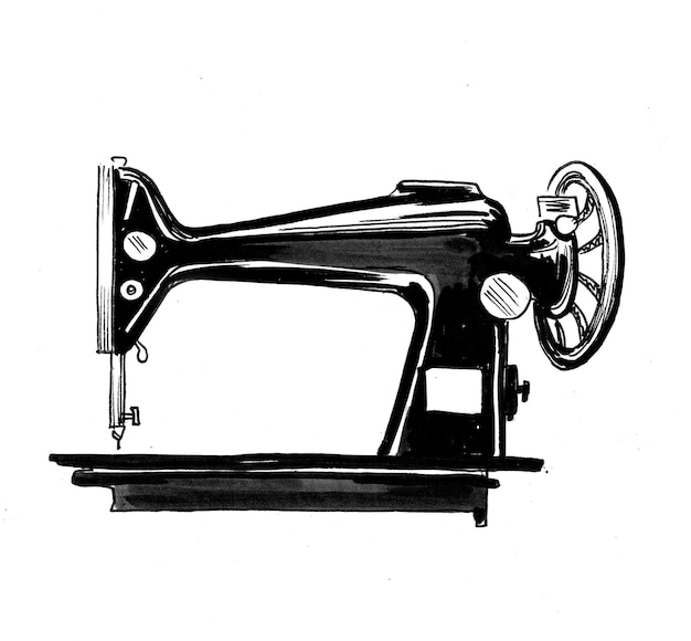 Vintage sewing machine. Ink black and white drawing