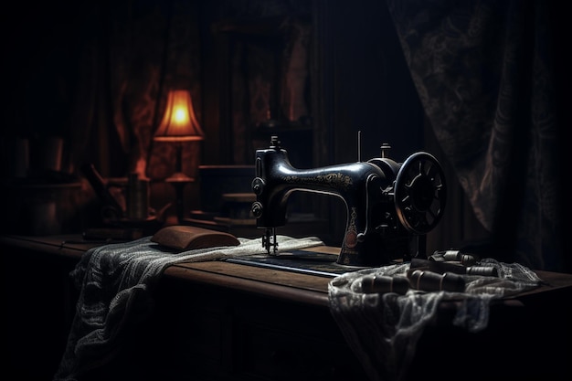 A vintage sewing machine sits on a table in a dark room.