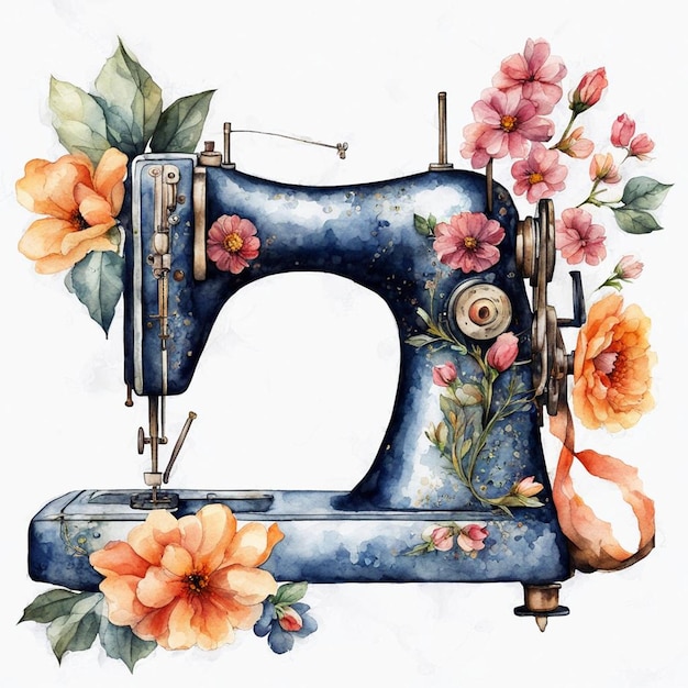 Photo vintage sewing machine with flowers hand drawn watercolor illustration