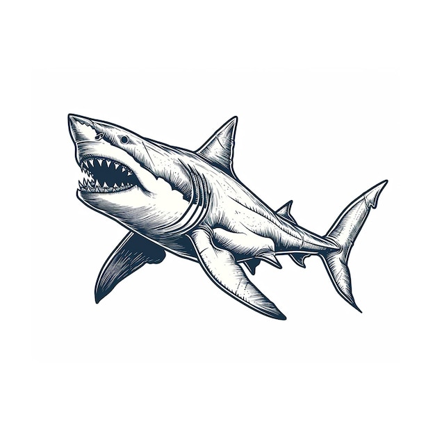 Photo vintage shark illustration engraved black lines on white background