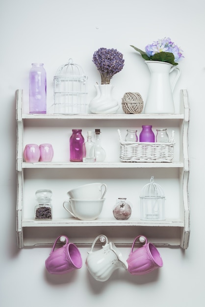 Vintage shelf in the kitchen, shabby chic style with lavender