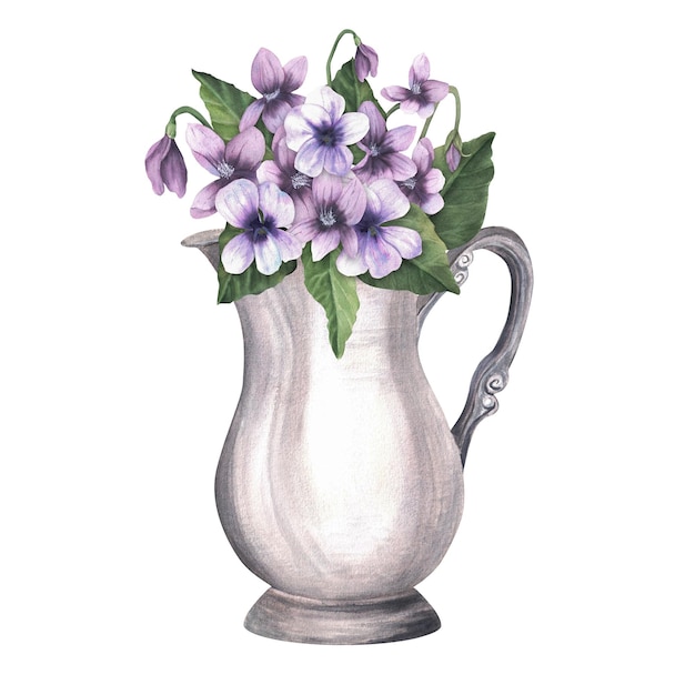 Foto un barattolo d'argento vintage pieno di violette un vaso antico con fiori un bouquet floreale in un vaso disegnato a mano