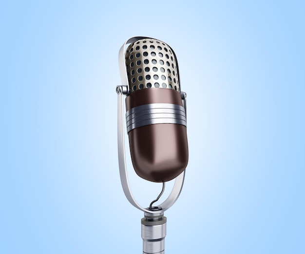 Vintage silver microphone close up on blue background 3d render