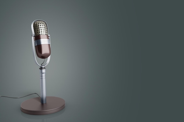 Vintage silver microphone on grey background 3d render image