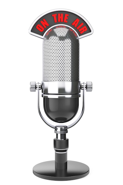 Vintage silver microphone with On The Air Sign on a white background