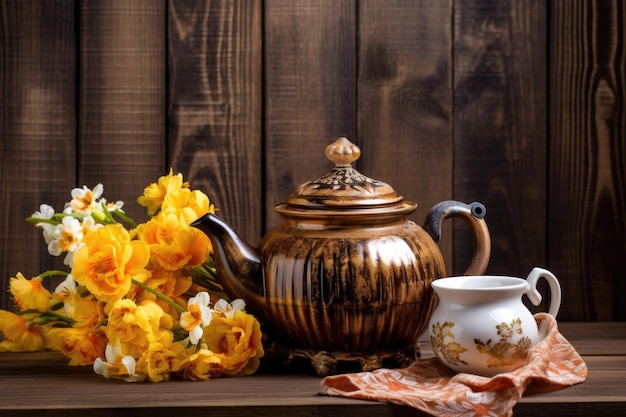 Vintage silver teapot on elegant tablecloth created with generative ai