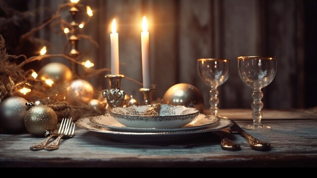 Vintage Silverware With Empty Table And Christmas Decoration Generative AI