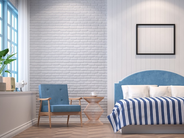 Vintage slaapkamer 3d render de kamers hebben witte bakstenen muren ingericht met blauwe meubels