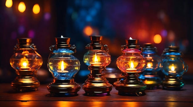 Photo vintage small old kerosene lamps colourful lights background ai generative