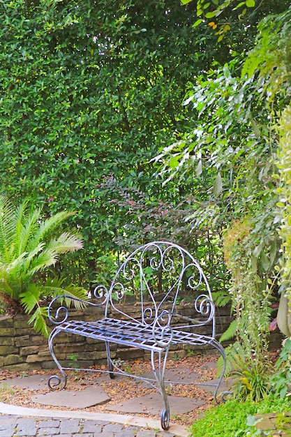 Vintage smeedijzeren stoel in een groenblijvende plantentuin