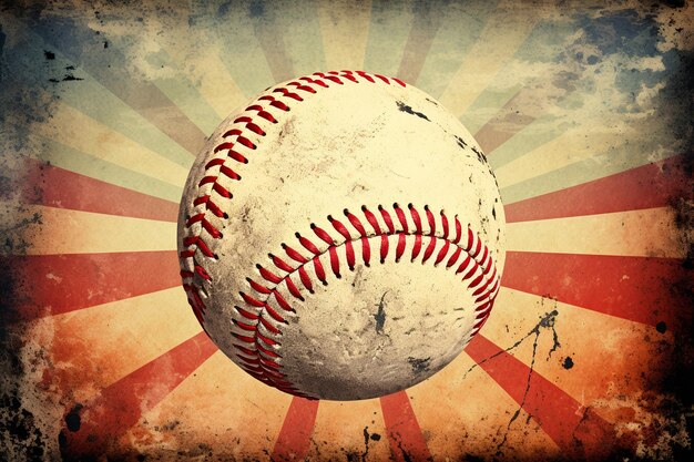 Photo vintage softball with sunburst on grunge background