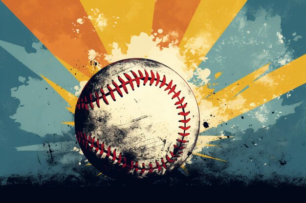 Photo vintage softball with sunburst on grunge background