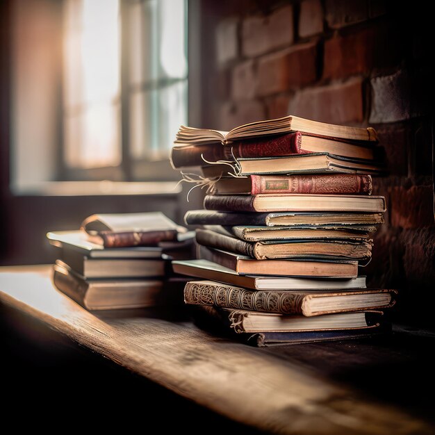 Vintage stack of old books on a wooden table Generative AI