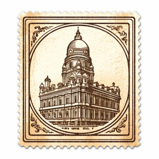 Foto artwork di francobolli d'epoca illustrazione dettagliata di un edificio su tela a forma