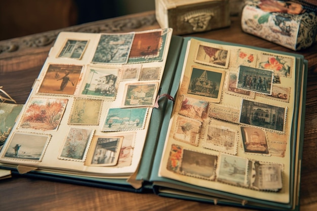 Vintage stamps collection in an open album created with generative ai