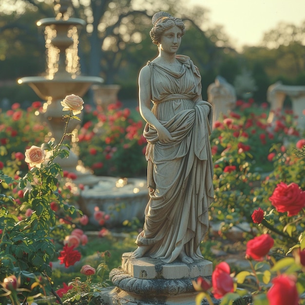 Vintage Statue among Blooming Roses in a Golden Hour Glow