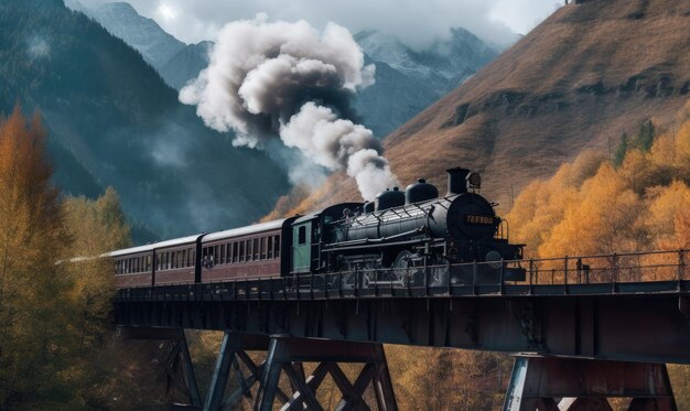 Vintage steam locomotive chugs across the bridge nearing the mountain Creating using generative AI tools