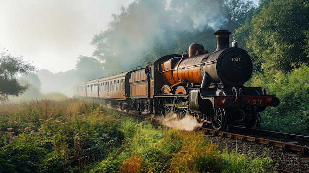 Vintage steam locomotive on a foggy morning at sunrise