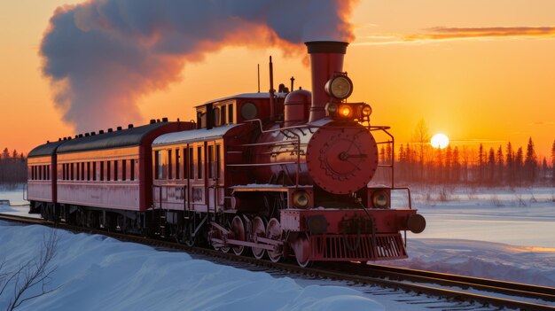 Foto locomotiva a vapore d'epoca che tira il treno attraverso un paesaggio invernale innevato con la luce solare