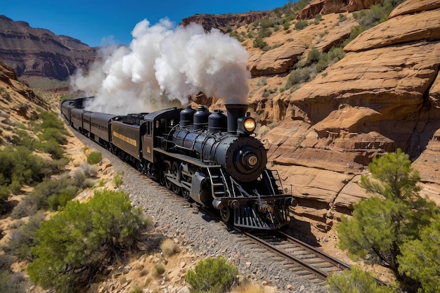 사막 을 가로질러 달리는 고대 증기 열차