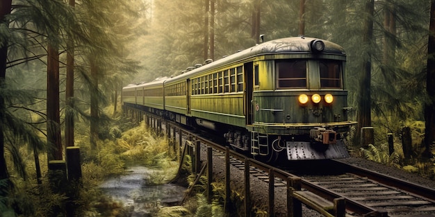 Vintage steam train in a foggy forest with AI generated