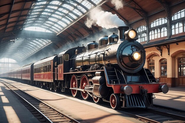 Foto vintage locomotiva a vapore nella stazione ferroviaria bellissima immagine a tema vintage generativa ai