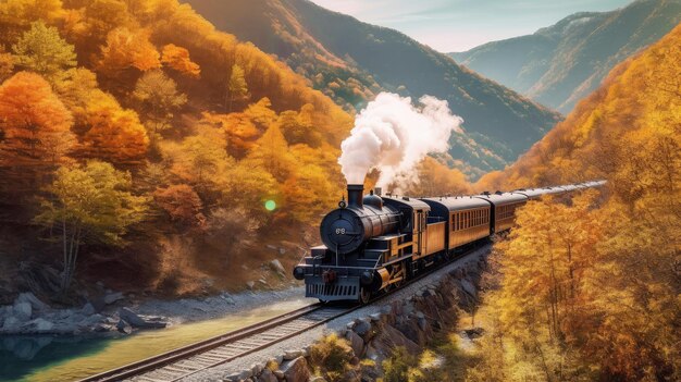 Старый паровой поезд проходит через живописную гору