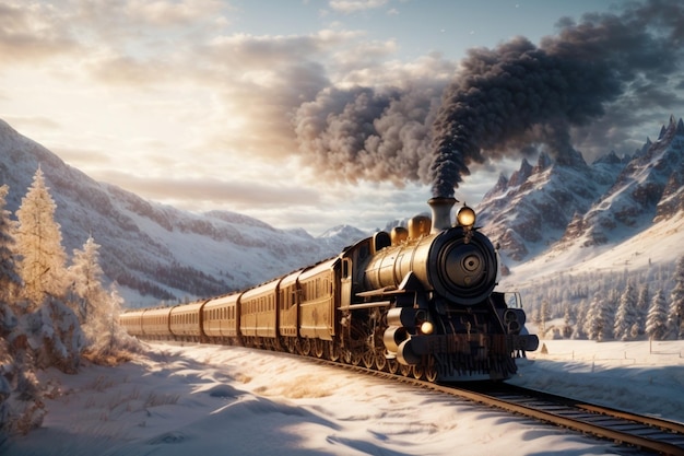 Foto treno a vapore vintage nelle montagne innevate 3d rendering