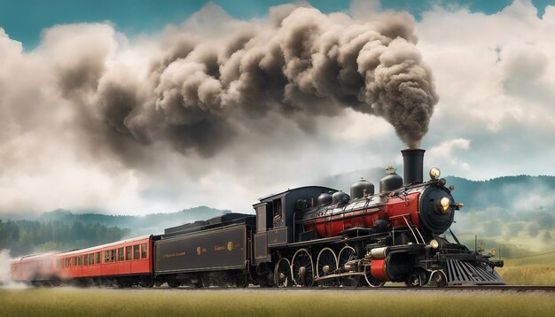 A vintage steampowered locomotive with billowing smoke and a vibrant countryside backdrop