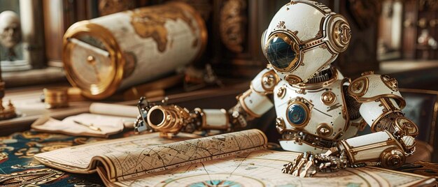 Photo vintage steampunk robot studying old world map