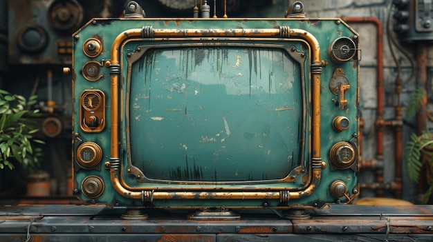 The vintage steampunk television screen is illustrated in 3D