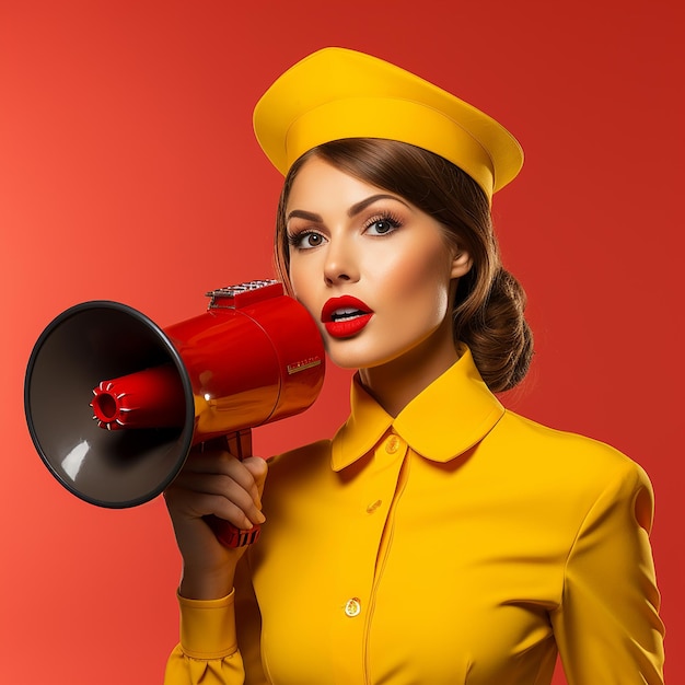Фото Винтажная стюардесса в красной форме с желтым фоном мегафона