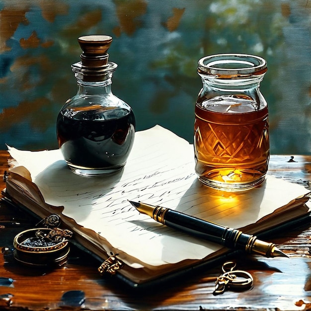 Винтажная натюрморт с старой карандашой, бутылкой чернил, тетрадью и другими предметами на деревянном столе