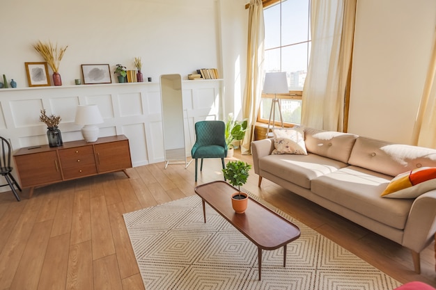 Foto interno appartamento monolocale vintage in colori chiari in vecchio stile