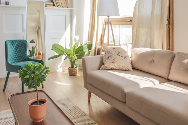 Vintage studio apartment interior in light colors in old style