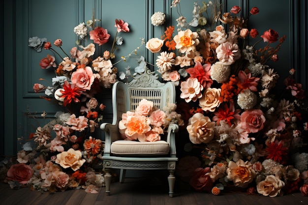 Vintage studio room backdrop template full of flowers with a chair