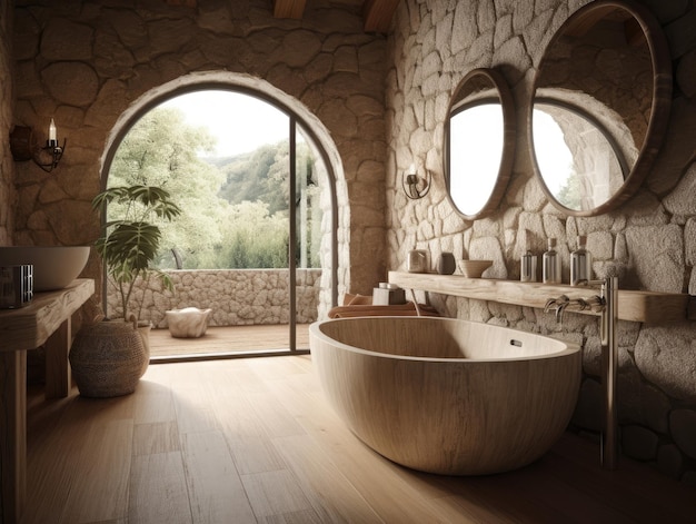 Foto bagno in stile vintage con finestra a parete in mattoni e luce naturale ia generativa