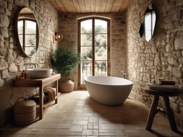 Foto bagno in stile vintage con finestra a parete in mattoni e luce naturale ia generativa