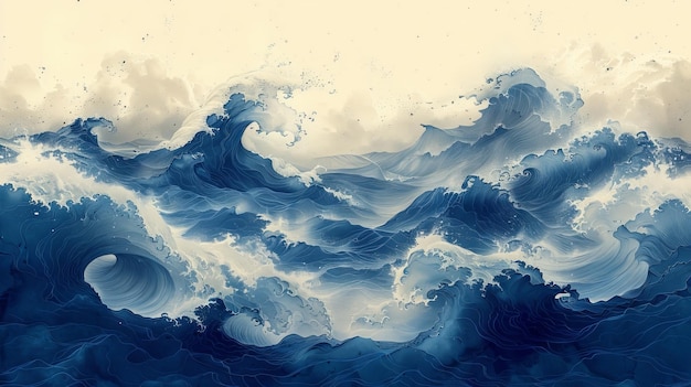 일본 배경에 바다 물체와 함께 빈티지 스타일의 파란 선 패턴