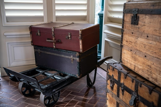 Vintage style brown wooden suitcase