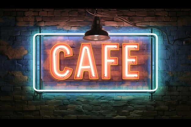 Vintage style cafe neon sign on textured brick wall backdrop