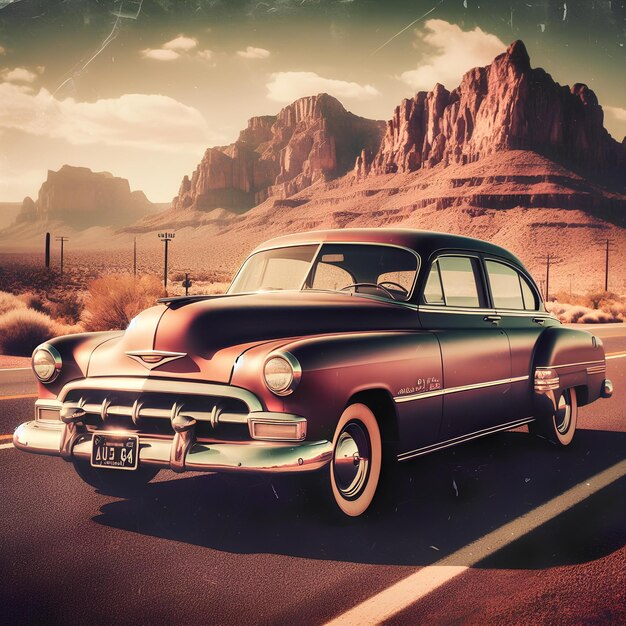 A vintage style classic car on Route 66 with a desert backdrop film graininess for a nostalgic feel