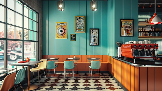 Vintage Style Coffee Shop Interior with Retro Decor