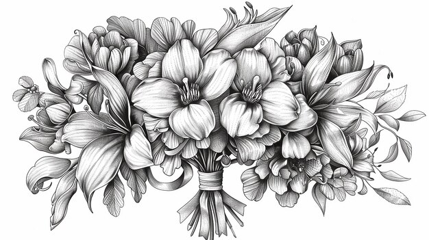 Photo vintage style coloring page bouquet of magnolias orchids and calla lilies tied with ribbon