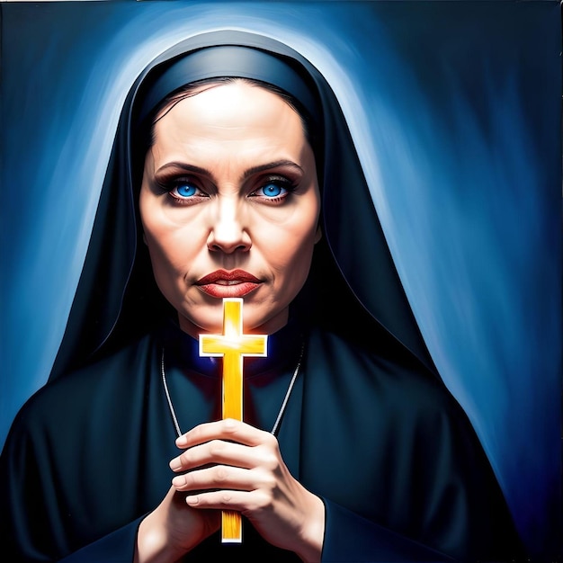 Vintage Style Digital Painting Pop Art of A Nun with Blue Eyes Holding a Golden Cross