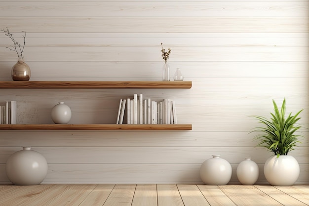 Пустая комната в винтажном стиле 3d визуализация стены из белой деревянной доски, украшенной деревянными полками
