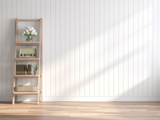 Vintage style empty room 3d render white wood plank wallDecorated with wooden shelves